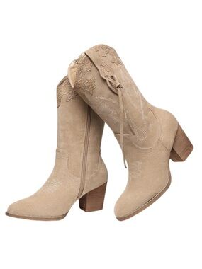 SHIBEVER Suede Mid-Calf Cowboy Boots Tan Western Block Heel Size 40 / US 8.5